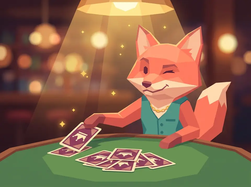 A winking fox places a face-down card on the green table, where a small pile of face-down cards already lies