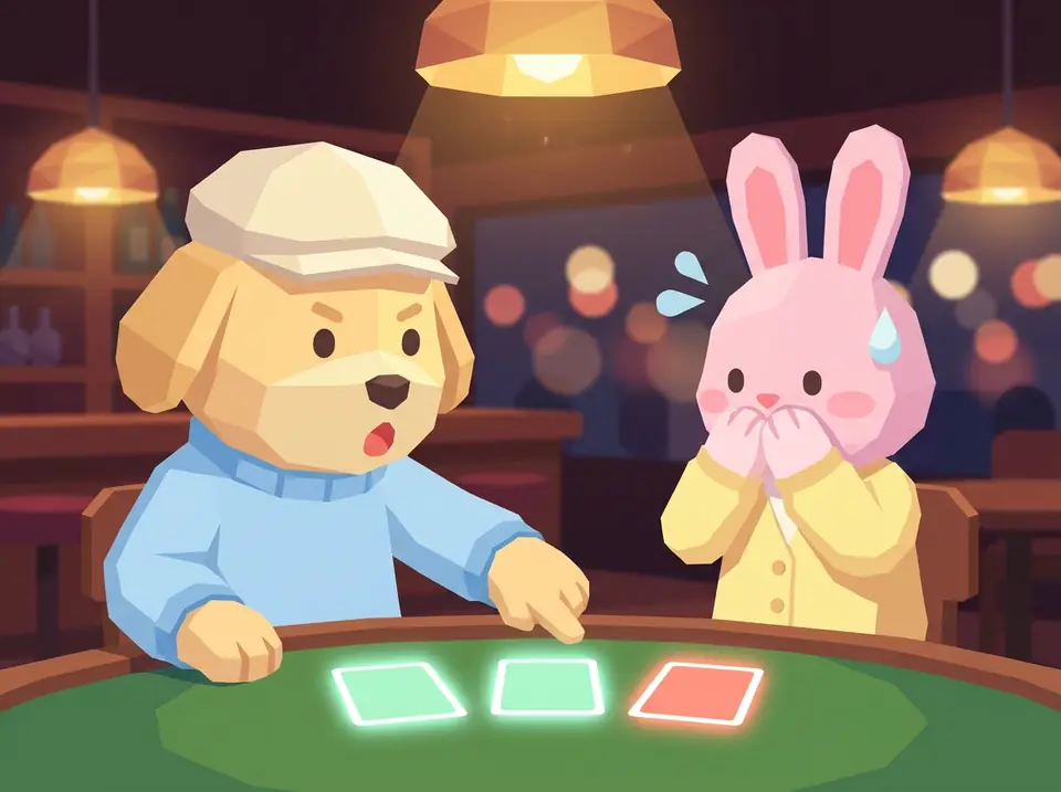 A dog in a flat cap points at three freshly flipped cards (two glow green, one red), while a rabbit beside it covers its mouth in worry