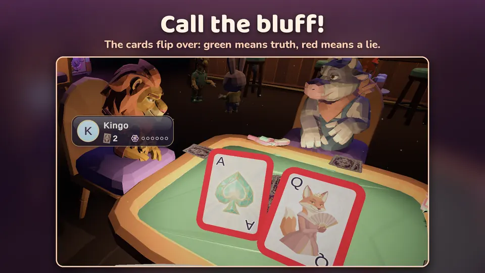 The bluff is called: the revealed Ace and Queen have red frames, meaning a lie; the lion Kingo sits on the left and a cow on the right
