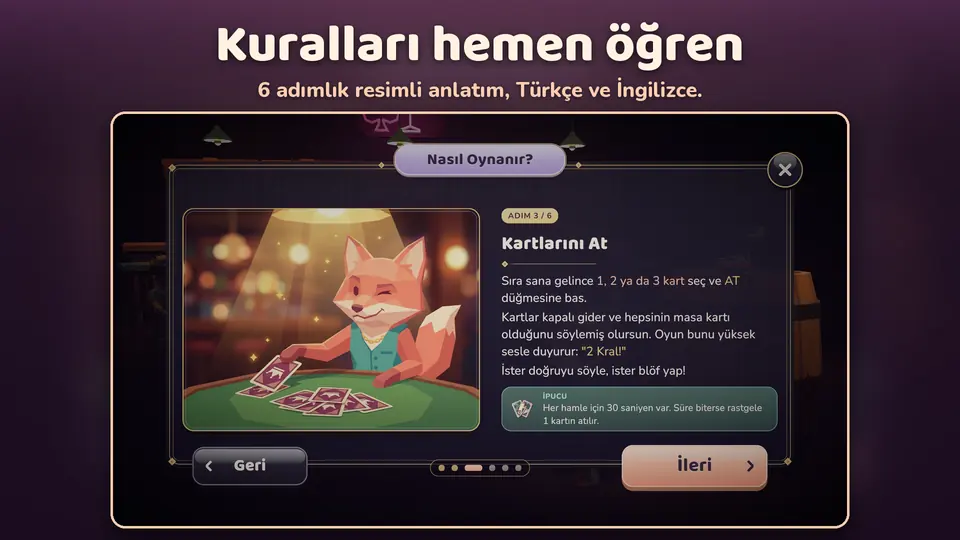 Nasıl Oynanır ekranı, adım 3 / 6: göz kırpan bir tilki yeşil masaya kapalı kart atıyor; sağda açıklama ve ipucu kutusu var