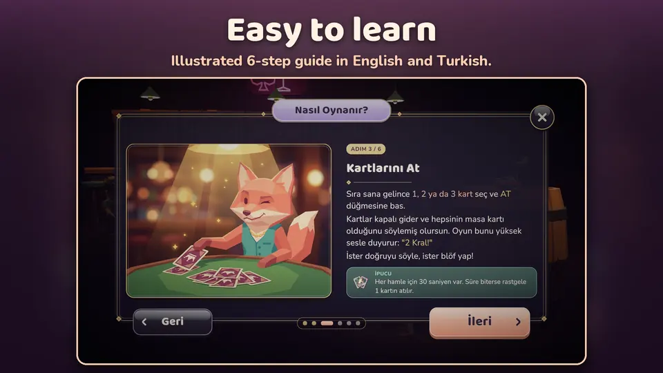 The How to Play screen, step 3 of 6: a winking fox places a face-down card on the green table, with an explanation and a tip box on the right
