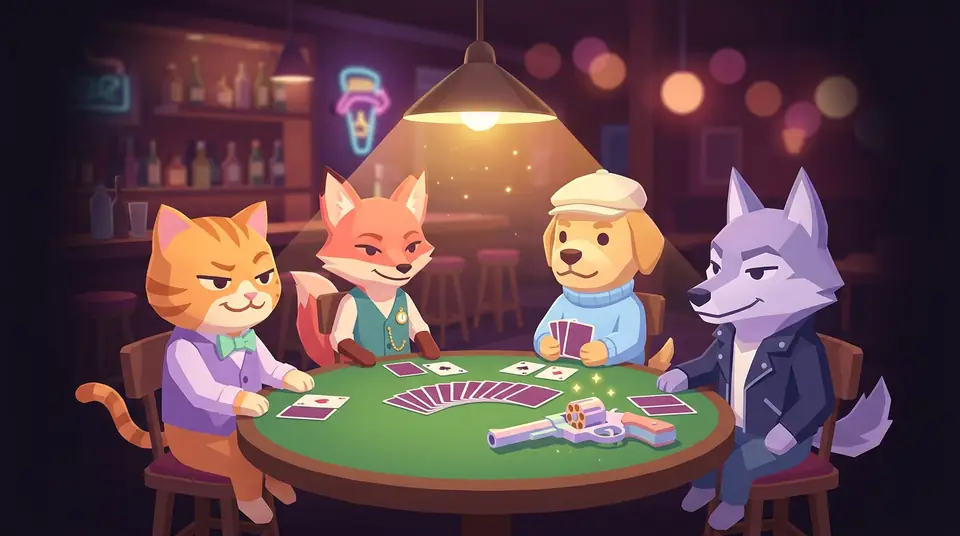 A cat, a fox, a dog and a wolf sit around a green card table under a pendant lamp, with cards and a revolver on the table