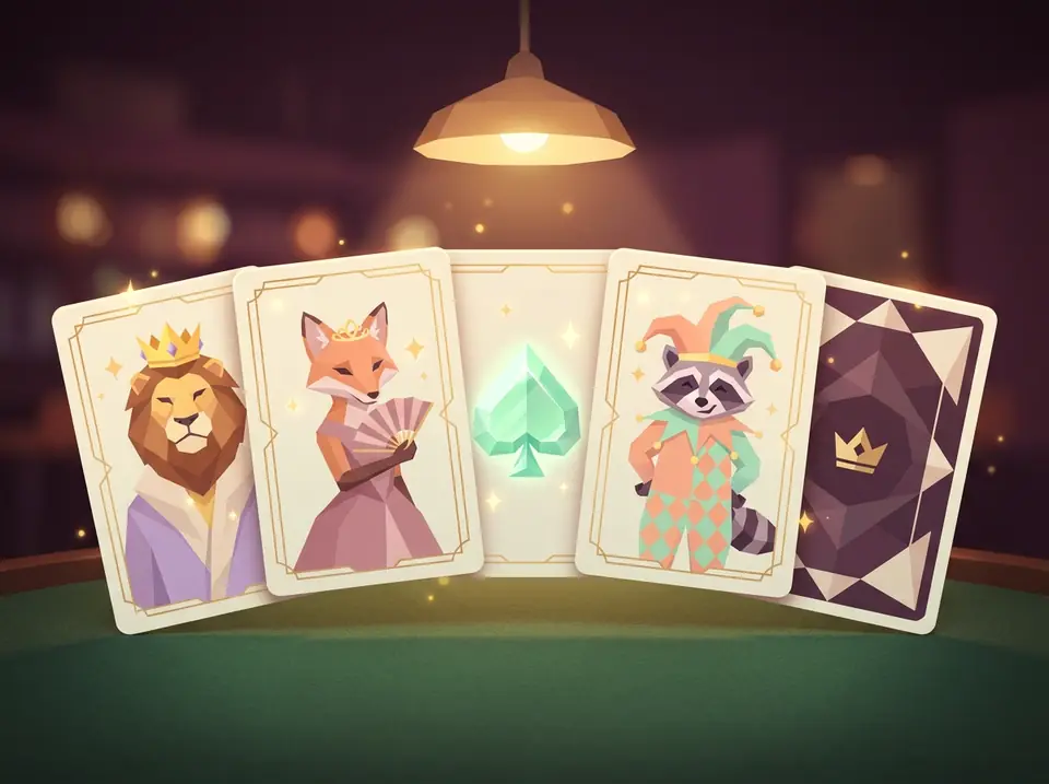 Five cards fanned out before a green table: the crowned lion King, the fox Queen, a mint spade Ace, the jester raccoon Joker and a face-down card