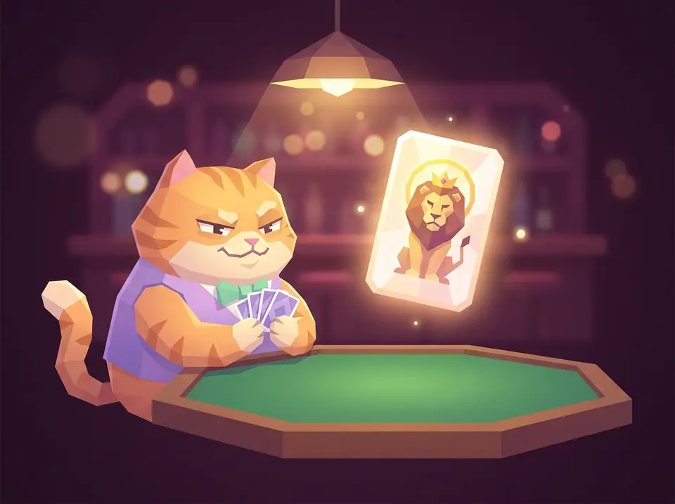 A tabby cat holds its cards close to its chest with a sly grin, while a glowing card showing a crowned lion (the table card) floats above the table