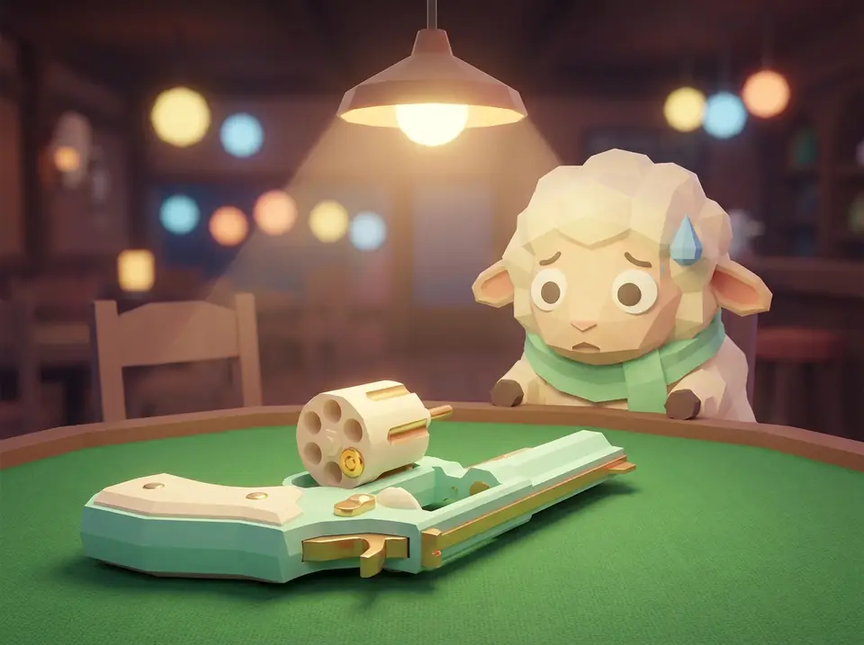 On the green table lies a revolver with its cylinder open and a single bullet showing, while a worried, sweating sheep watches from behind
