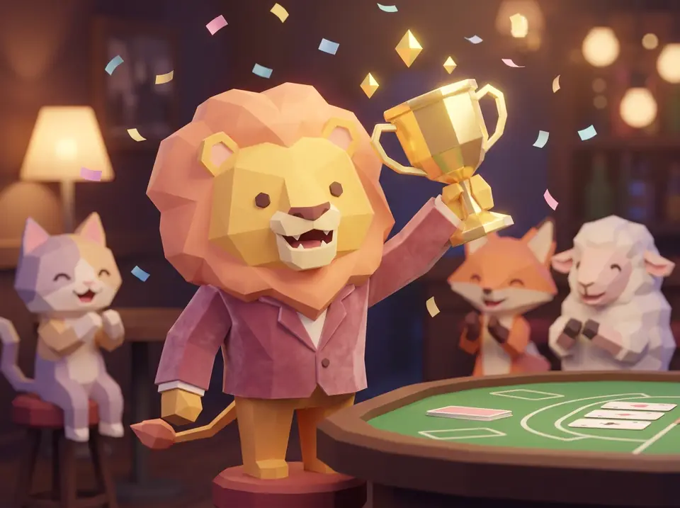 A lion in a dusty-rose velvet jacket raises a golden trophy amid flying confetti, while a cat, a fox and a sheep cheer and clap